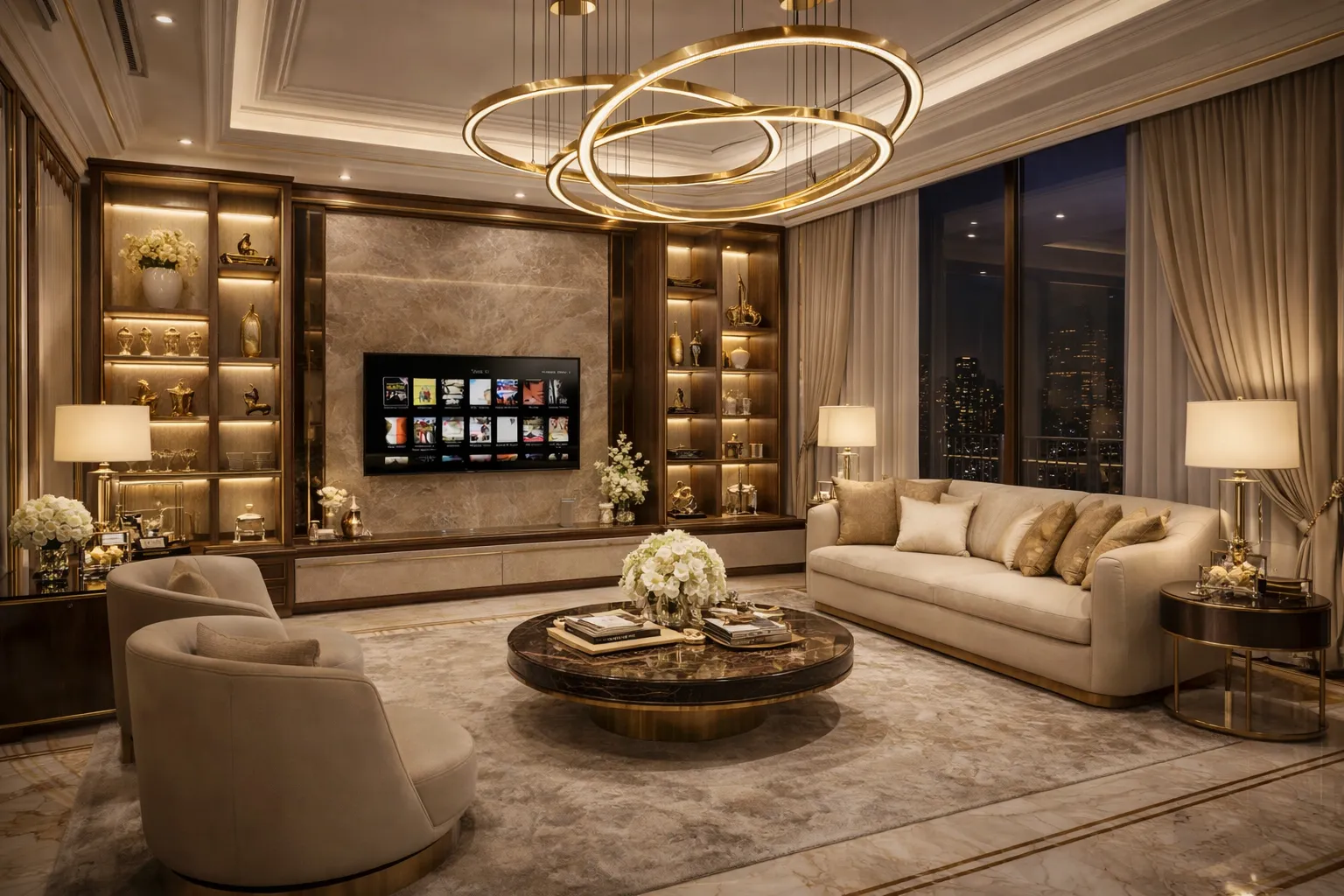 Ruang keluarga dengan backdrop TV custom furniture oleh Pelangi Desain
